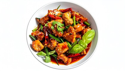 Chicken stir-fry in a white bowl