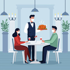 Vector Illustration of a waiter wearing a mask serving customers