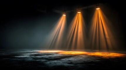 Empty stage with a dark concrete floor, powerfully lit from above by four golden-yellow spotlights cutting through a slight, atmospheric haze.