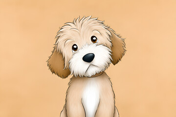 Cute cartoon illustration of a fluffy dog with big eyes and a playful expression, sitting against a soft beige background, showcasing adorable pet character design