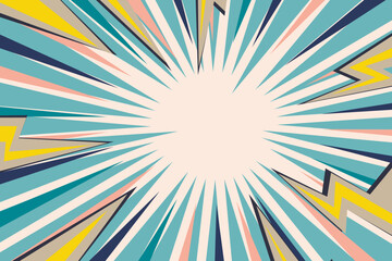 Pop art radial colorful comics book magazine cover. Striped color digital background with thunder flash. Cartoon funny retro pattern strip mock up. Vector halftone illustration. Sunburst shape.