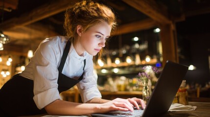 establishment. Small business owner focused on work at restaurant table with blurred background. pitch deck slides, case study pages, designed for brand storytelling and e-commerce strategy.