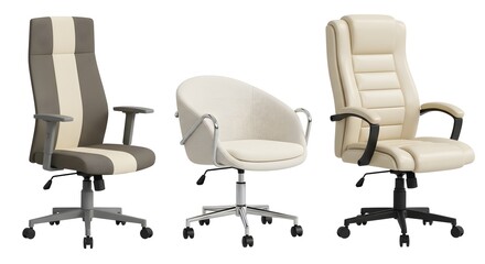 Three stylish office chairs isolated on a white background.