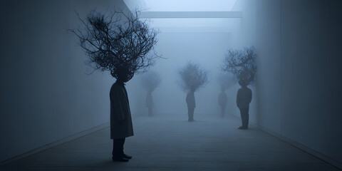 Mysterious figures with tree-like heads stand in a foggy, surreal art installation at an indoor gallery