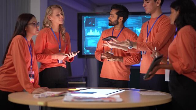 A data analytics team in a command center reviews a live security feed on a mobile device. They are collaborating on a strategy to respond to a new threat on the network.