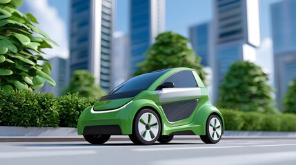 A sleek and modern electric car navigates the green, sustainable cityscape of the future, showcasing innovative mobility solutions and eco-friendly technology.