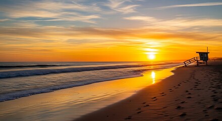Golden Sunset Beach Scene with Lifeguard Stand.