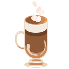 Glass mug with hot cocoa and marshmallows, warm winter drink.