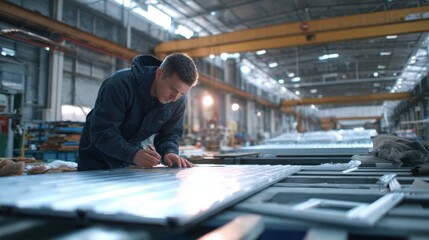 A shipbuilder in a workshop carefully measuring and cutting aluminum plates with precision tools surrounded by various ship components and aluminum frames ready for assembly.