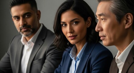 A confident businesswoman flanked by two smiling male colleagues in suits, posing against a neutral background for corporate and teamwork imagery
