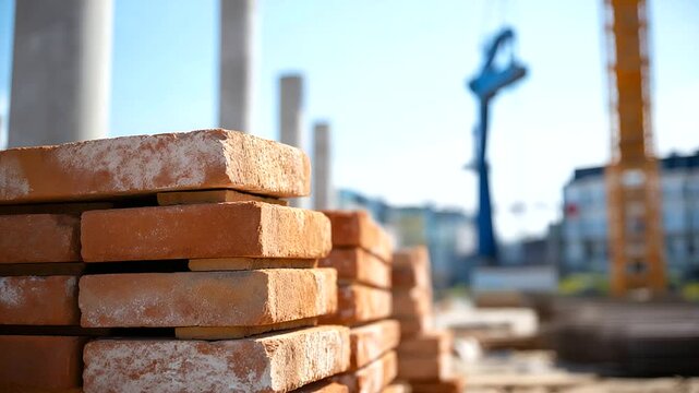 Red Bricks in Organized Stacks Near Foundation Pillars with Mortar Residue Tower Crane Swinging Materials Overhead Blurred Urban Development Background for Construction Scale and