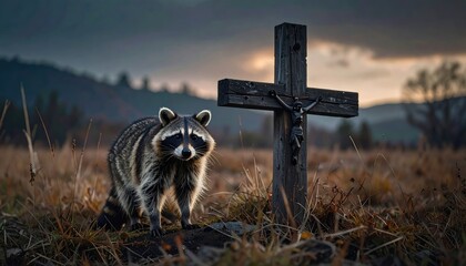Raccoon Standing by Weathered Wooden Cross in Golden Field During Dusk with Moody Skies and Distant Hills Religious Symbolism Rural Setting
