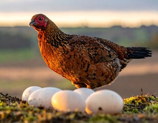 Chicken with eggs at sunrise