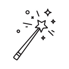 Magic wand line icon vector. Simple outline symbol of fantasy, illusion, and wizardry. Minimalist glyph with stars and sparkles for web and app design.
