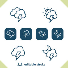 Weather Icons. Cloud, Storm, Lightning, Sun, Day, Moon, Night