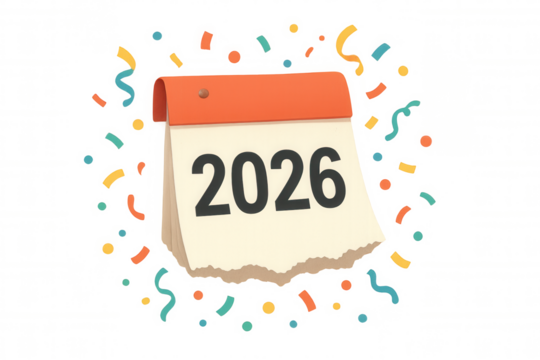 2026 new year desk calendar page with torn paper during celebration, confetti falling around, transparent background - Powered by Adobe