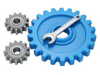 Blue gear with wrench and smaller gears isolated on transparent background