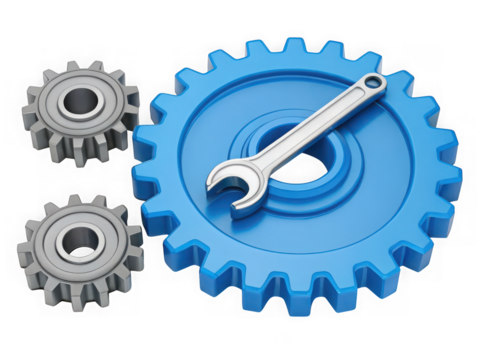 Blue gear with wrench and smaller gears isolated on transparent background - Powered by Adobe