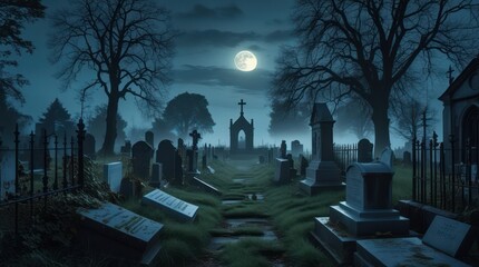 halloween night scene with cemetery
