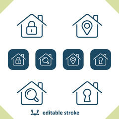 Real Estate Icons. House, Houses, Building, Lock, Location, Magnifier, Keyhole Icon