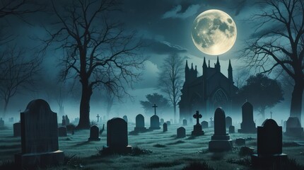 halloween graveyard with castle and moon at night
