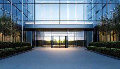 ガラス張りのオフィスビル入り口の明るい眺め