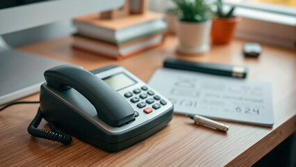 A modern telephone placed on an office desk with stationery and a plant in the background