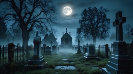 halloween night scene with cemetery	