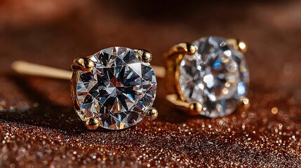 Fototapeta premium Exquisite macro photo of brilliant-cut diamond stud earrings in a gold setting, sparkling intensely under soft, warm light against a shimmering background.