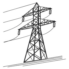 Black and white illustration of a large electricity pylon with power lines stretching across a white background