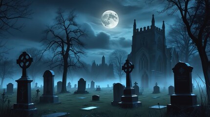 night scene with  castle and cemetery	