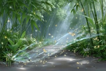 蝶が舞う竹林の陽光あふれる小道