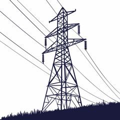 Silhouette of a tall electricity pylon with power lines stretching across a white background over grassy terrain
