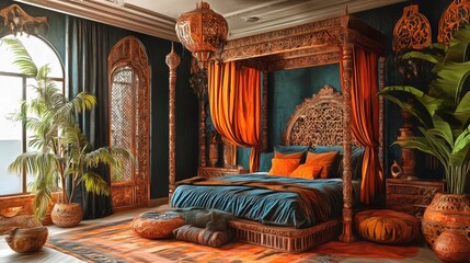 Arabic style bedroom featuring a four-poster bed intricate lattice screens and a copper chandelier for a dramatic exotic vibe interior