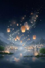 水辺の灯籠と星空