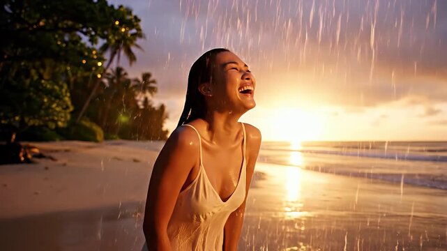 Joyful Beachside Interlude: A radiant woman embraces the spontaneous joy of a rain shower, with the backdrop of a stunning beach sunset and palm tree silhouette.