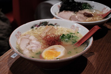 Close-up Bowl of ramens noodles with SPOON in ramen shop stock photo