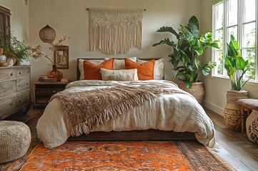A boho-style bedroom with layered textiles macrame wall hangings and earthy tones creating a cozy and eclectic vibe interior