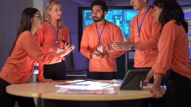 A data analytics team in a command center reviews a live security feed on a mobile device. They are collaborating on a strategy to respond to a new threat on the network.