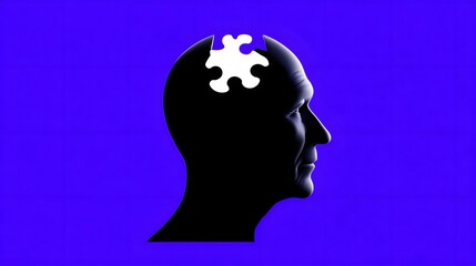 Silhouette of a human head in profile with a missing puzzle piece, symbolizing the complexities and mysteries of the human mind and the process of problem-solving, learning, and self-discovery.
