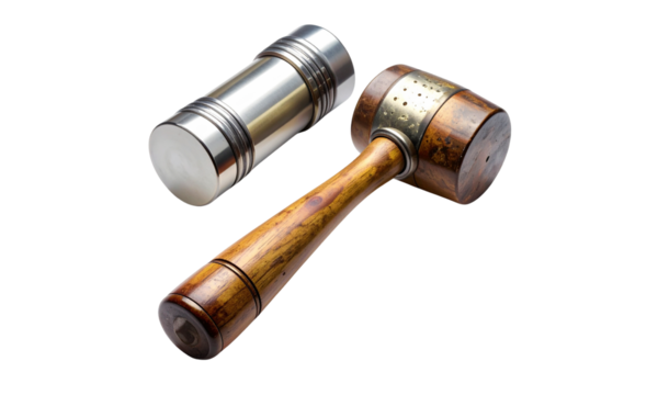 Old copper pipe plumbing tools and steel bolts with a wooden gavel