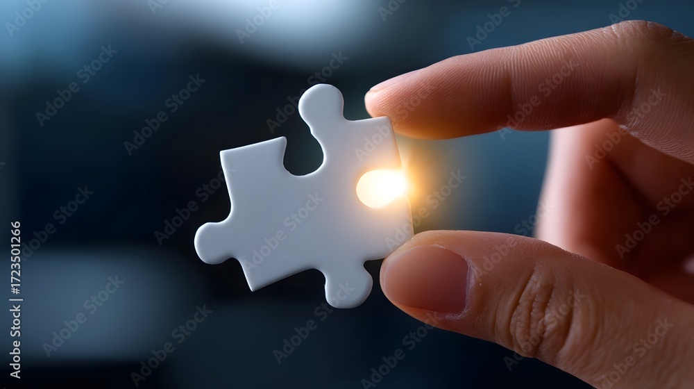 Poster a hand carefully placing a puzzle piece, symbolizing the process of problem-solving through strategi