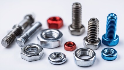 An array of various fasteners, including nuts and bolts, laid out on a white background.