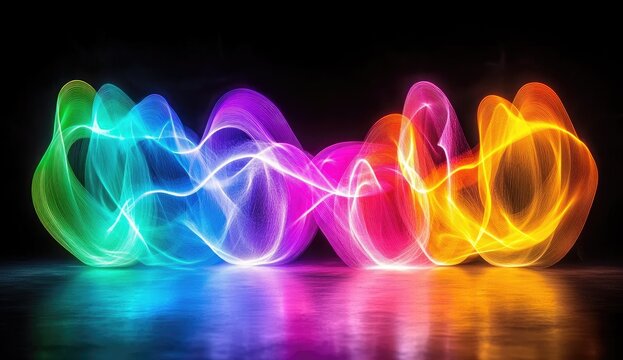 Abstract rainbow light trails on dark reflective floor