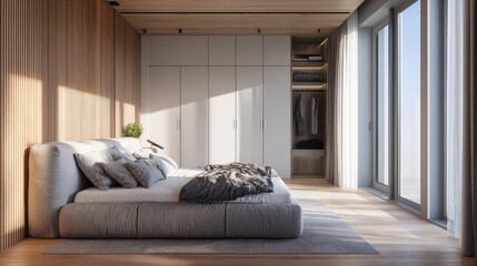 Minimalist apartment bedroom design with large fabric bed, wood-paneled accents, modern wardrobe, and natural light highlighting clean details
