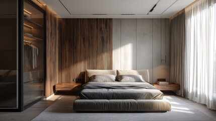 Minimalist apartment bedroom design with large fabric bed, wood-paneled accents, modern wardrobe, and natural light highlighting clean details