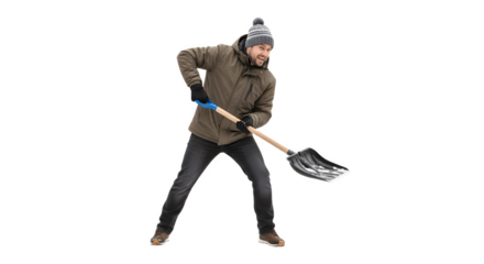 Man shoveling snow in winter clothing.