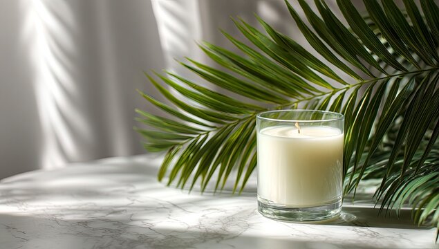 A white candle in a clear glass sits on a marble surface, illuminated by sunlight filtering through a sheer curtain.  Lush green palm fronds frame the candle