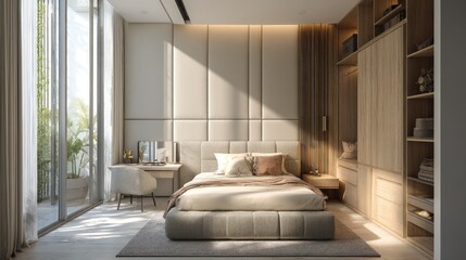 Minimalist bedroom interior featuring large bed with fabric headboard, makeup table, wardrobe, and neutral palette with wood details under natural sunlight