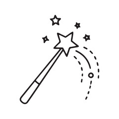 Magic wand line icon vector. Simple outline symbol of fantasy, illusion, and wizardry. Minimalist glyph with stars and sparkles for web and app design.
